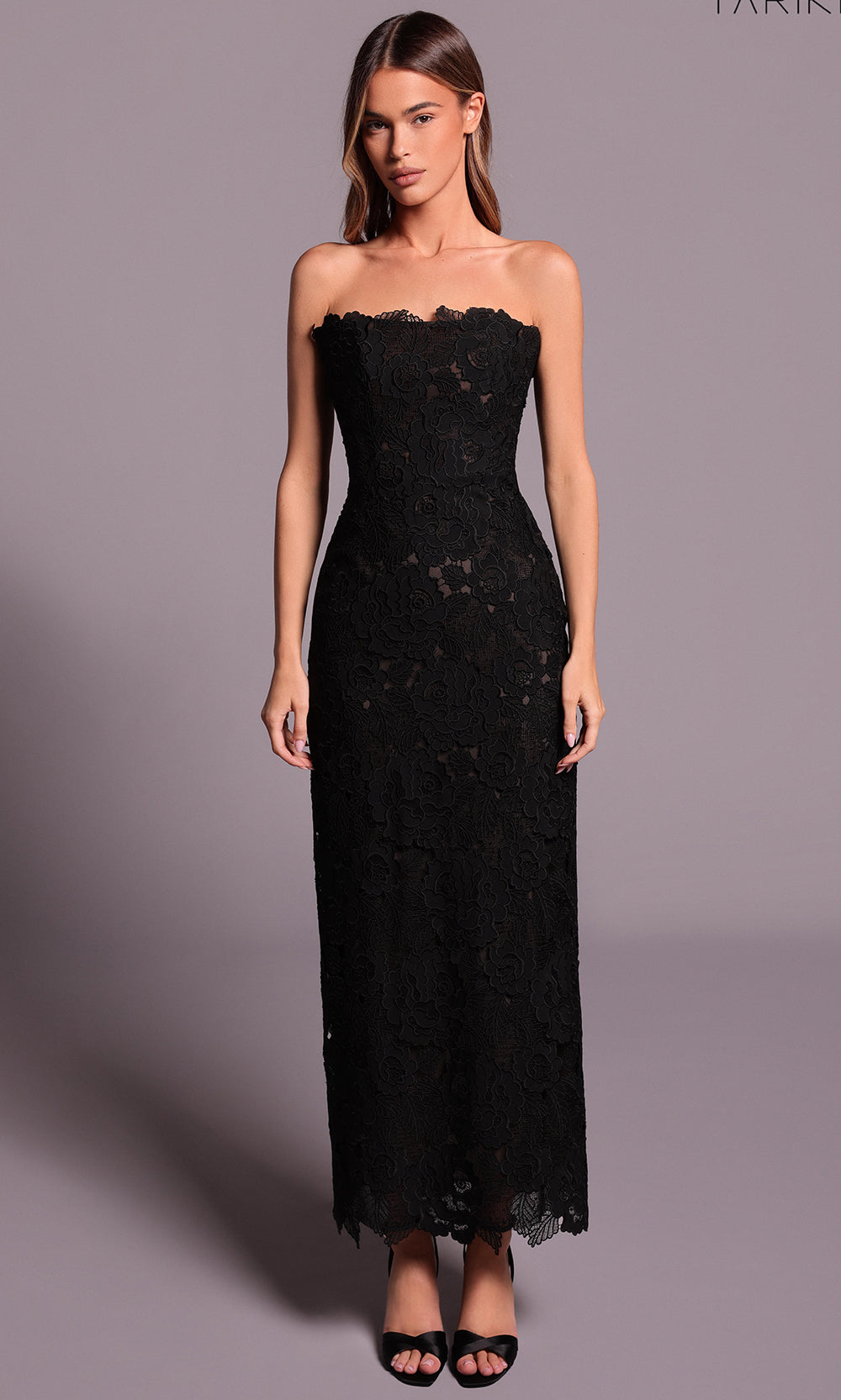 Tarik Ediz 99139 - Straight Neckline Dress with Floral Lace