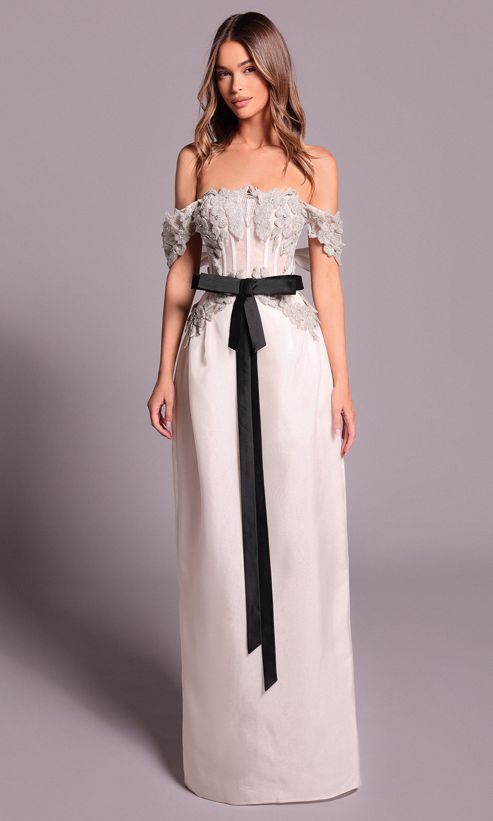 Tarik Ediz 99151 - Appliqued Column Dress with Ribbon Belt