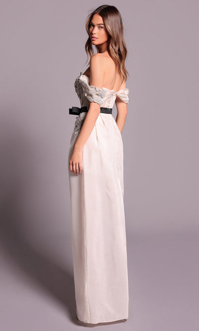 Tarik Ediz 99151 - Appliqued Column Dress with Ribbon Belt