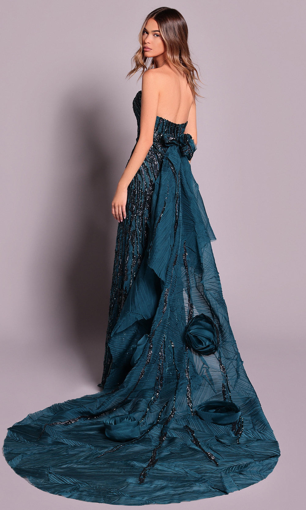 Tarik Ediz 99153 - Straight Neck Column Dress with Overskirt