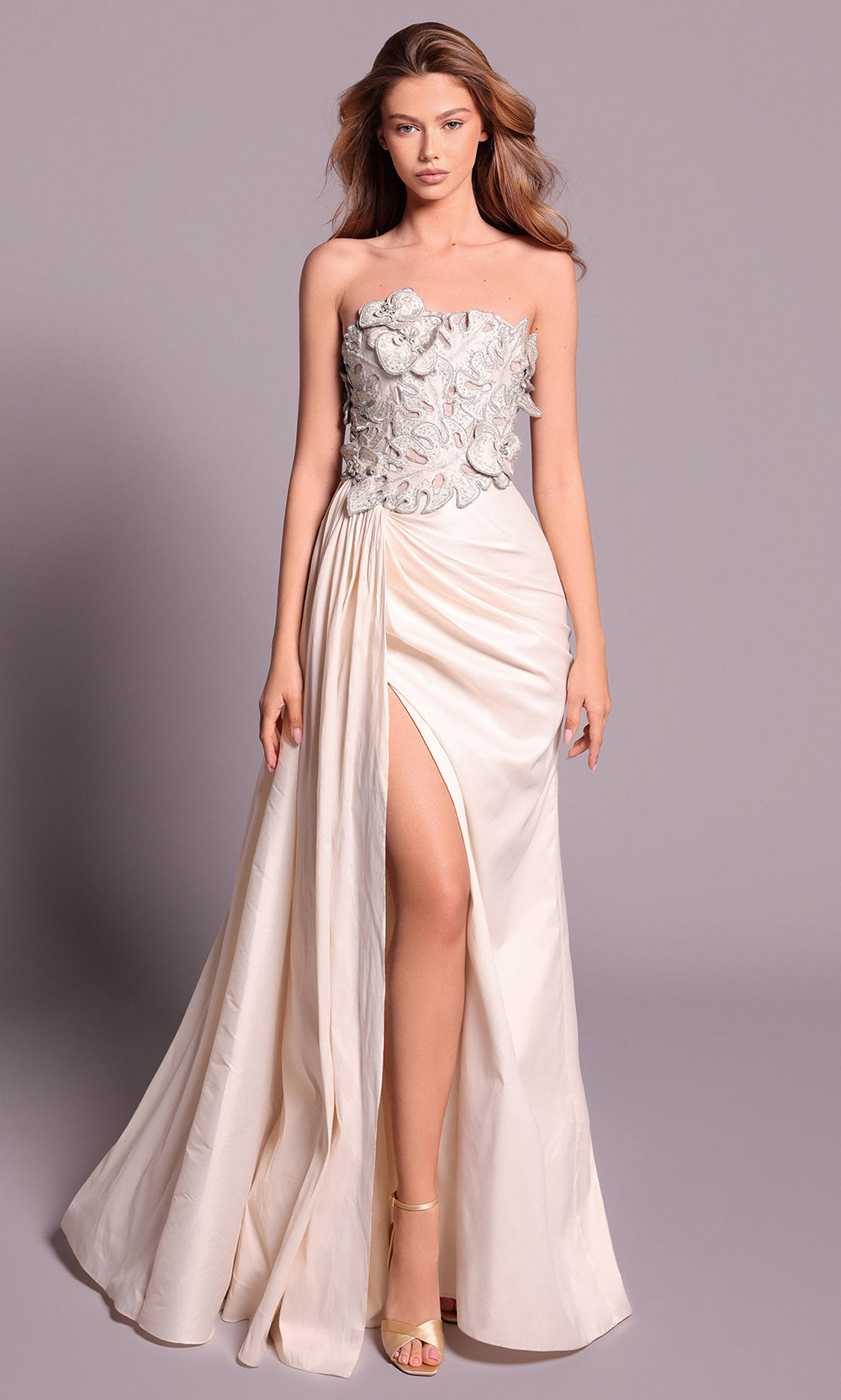 Tarik Ediz 99154 - Straight Neck Embellished Slit Dress