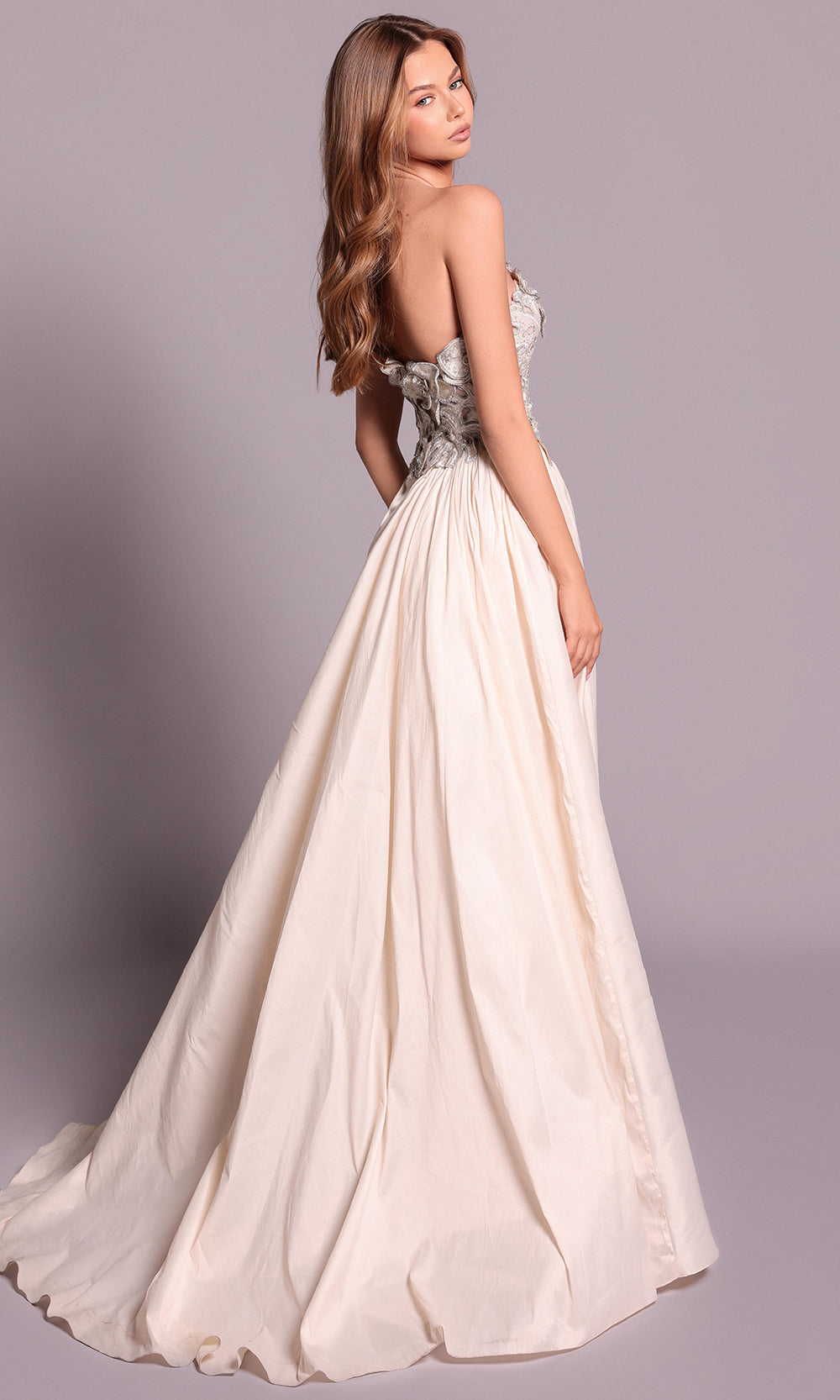 Tarik Ediz 99154 - Straight Neck Embellished Slit Dress