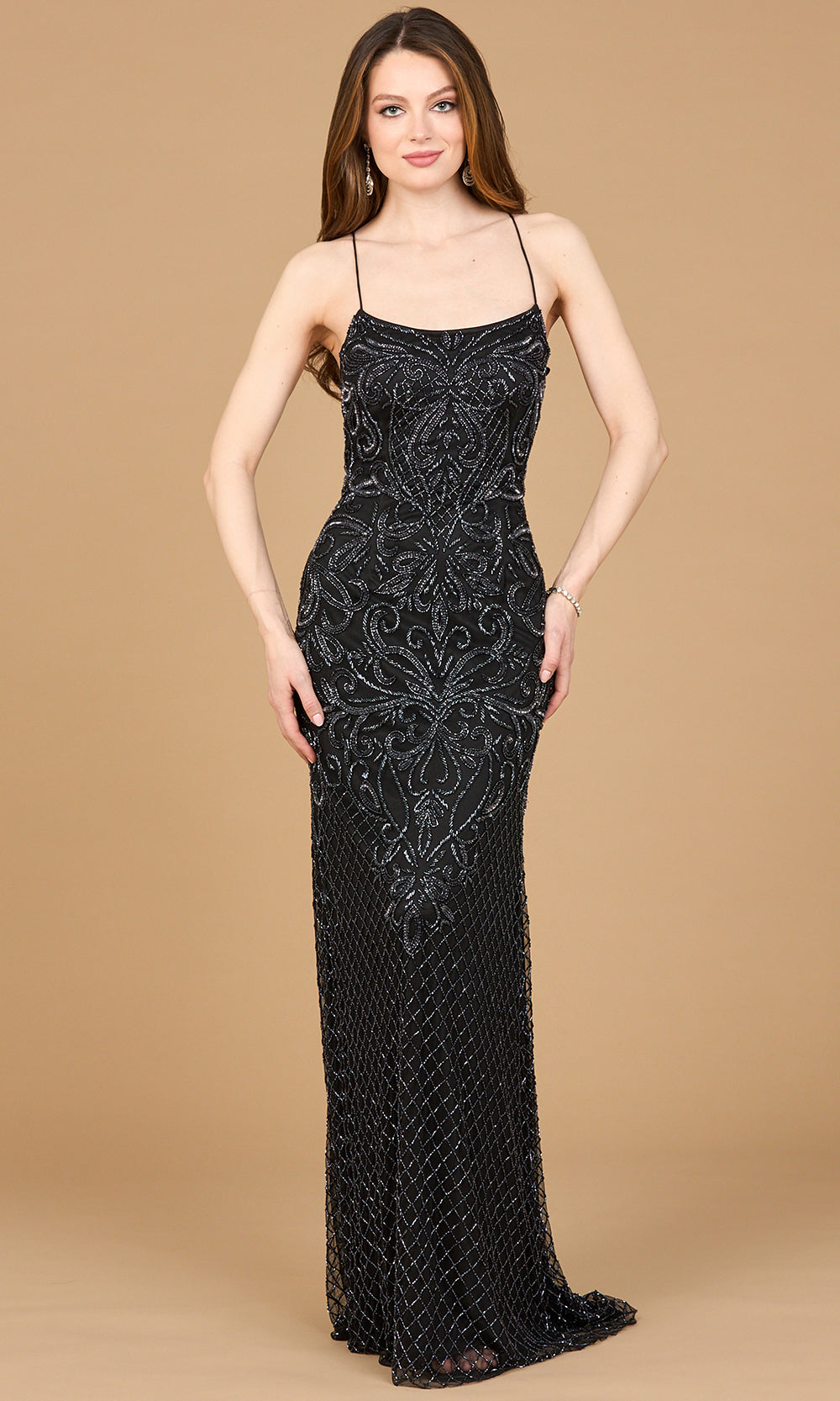 Lara Dresses 9930 - Geometric Beaded Spaghetti Strap Gown Prom Dresses