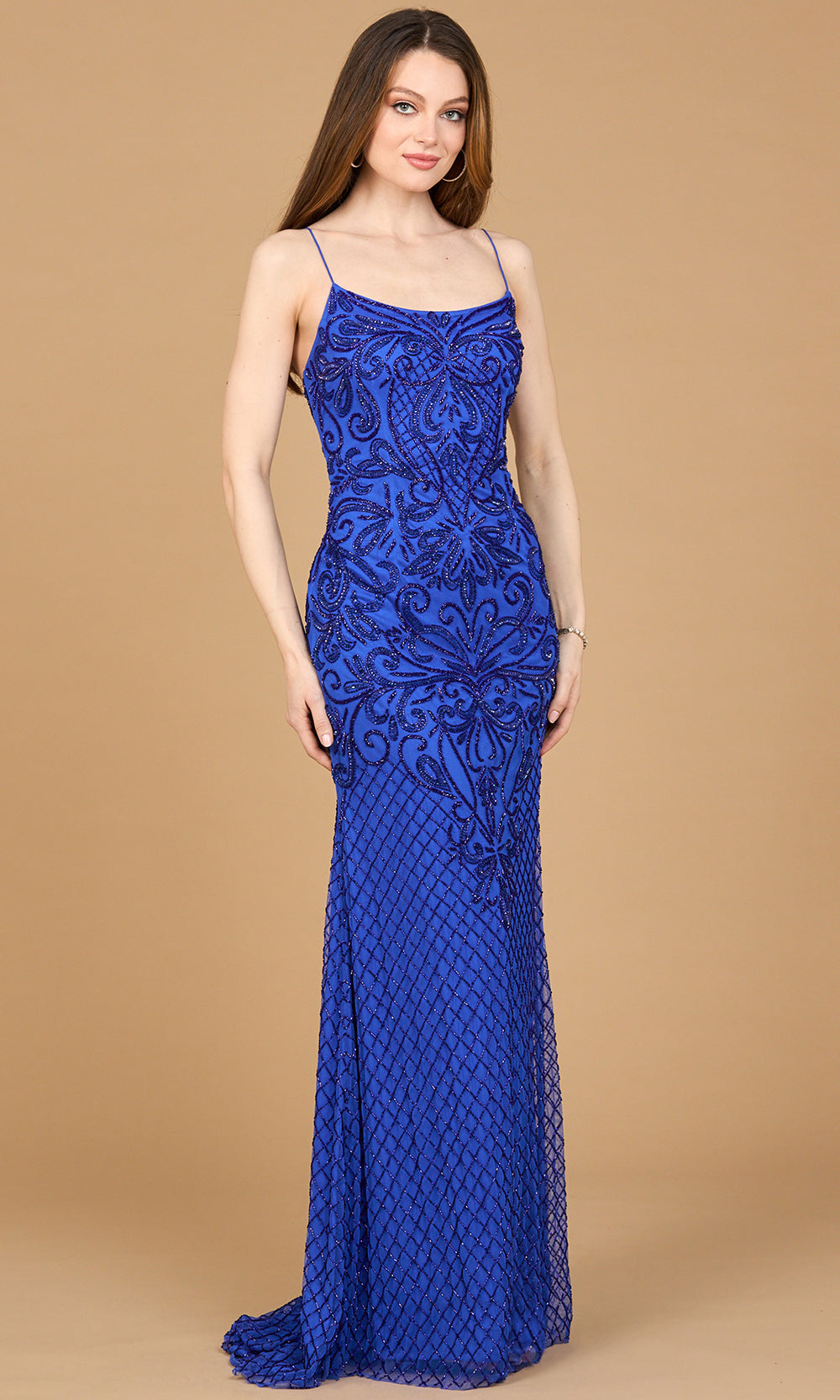 Lara Dresses 9930 - Geometric Beaded Spaghetti Strap Gown Prom Dresses