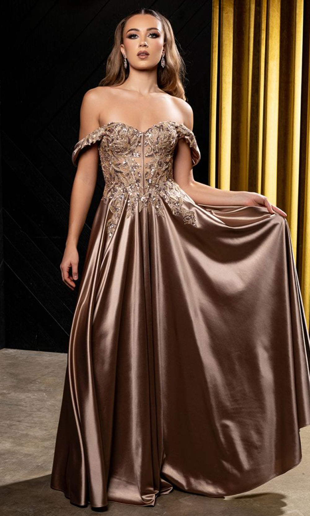 May Queen MQ2240 - Off Shoulder Embroidered Evening Dress Mother of the Bride Dresses in Gold 