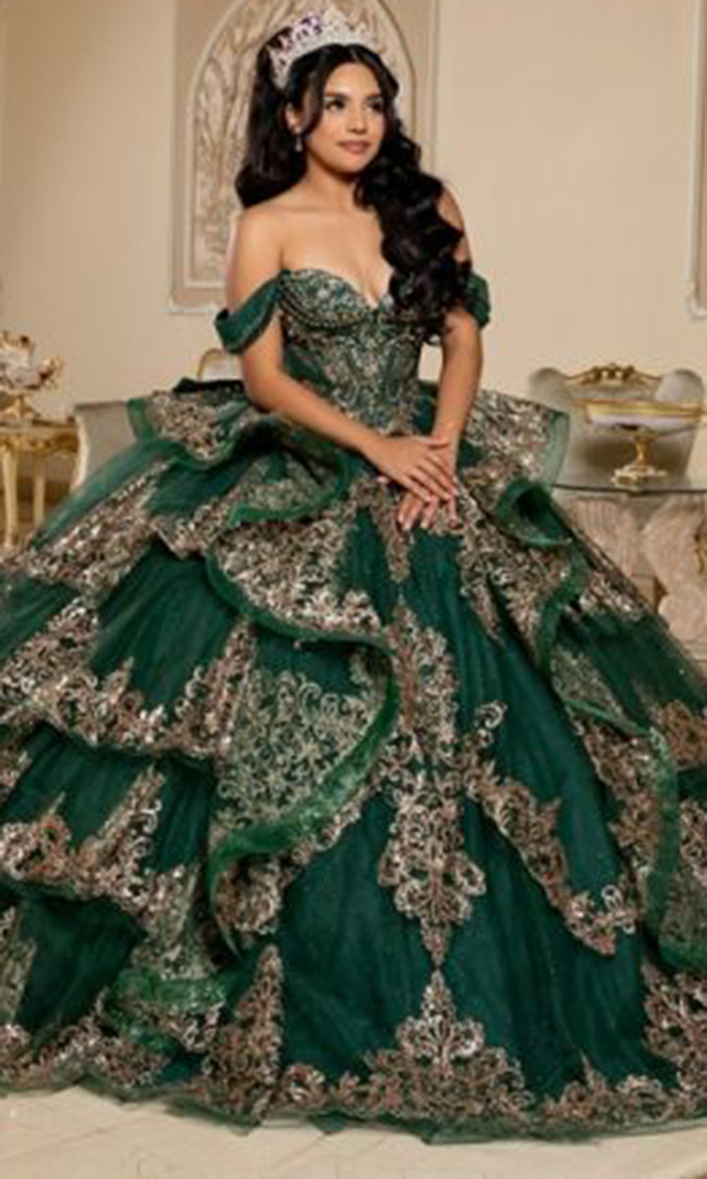 May Queen LK302 - Off Shoulder Embroidered Ballgown Quinceanera Dresses in Green 