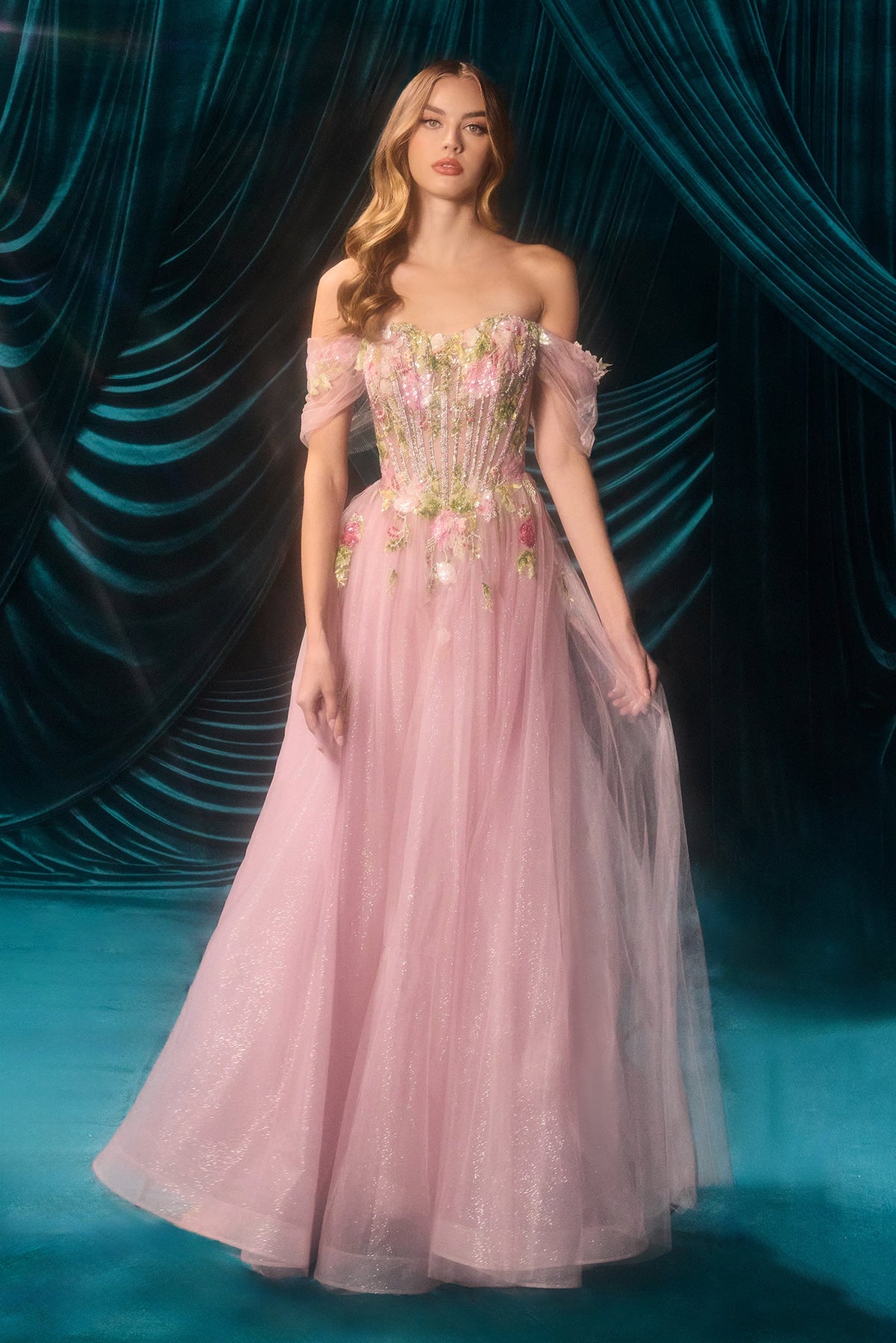 Andrea and Leo A1479 - Floral Glitter A-Line Prom Dress Prom Dresses