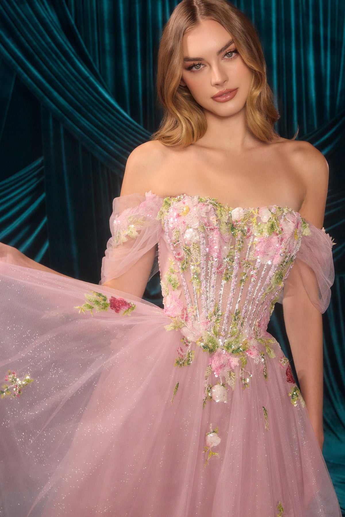 Andrea and Leo A1479 - Floral Glitter A-Line Prom Dress Prom Dresses