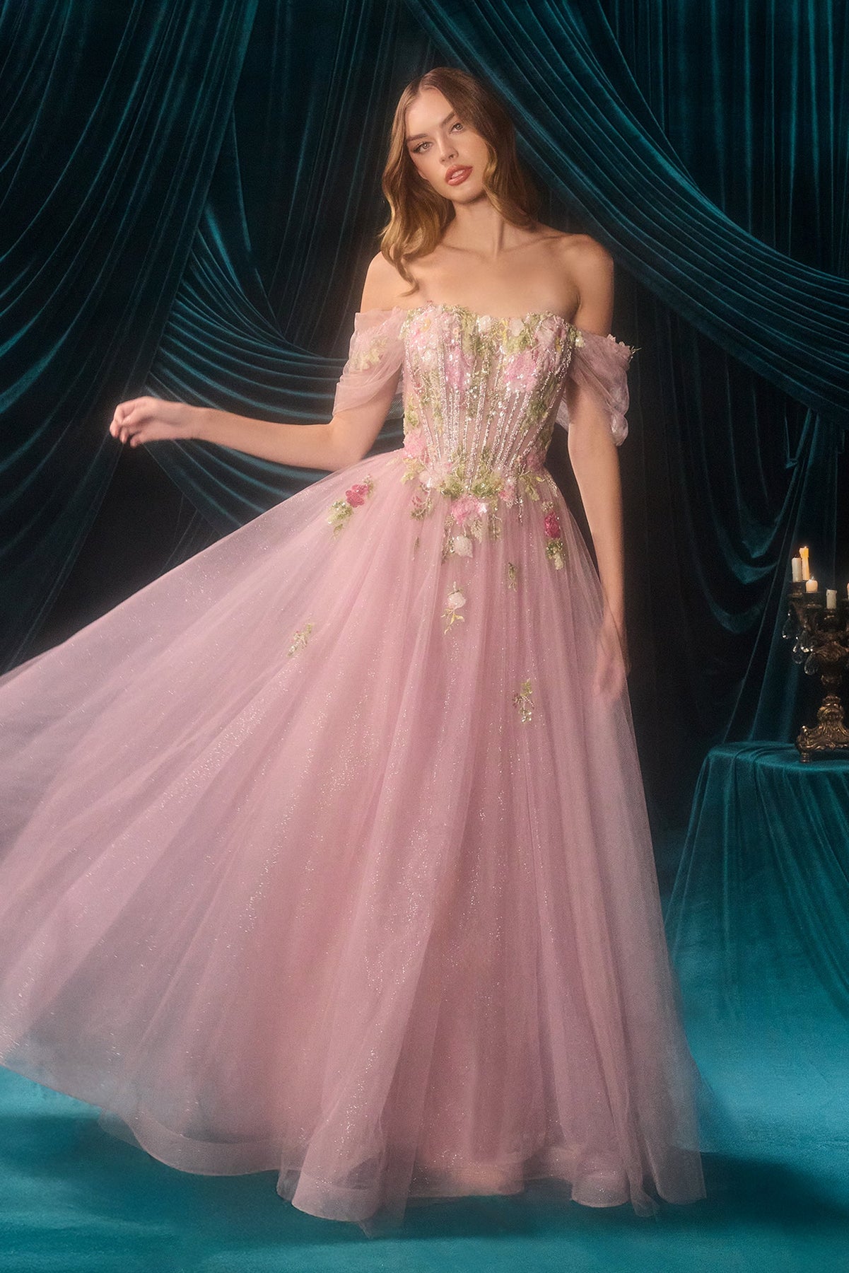 Andrea and Leo A1479 - Floral Glitter A-Line Prom Dress Prom Dresses