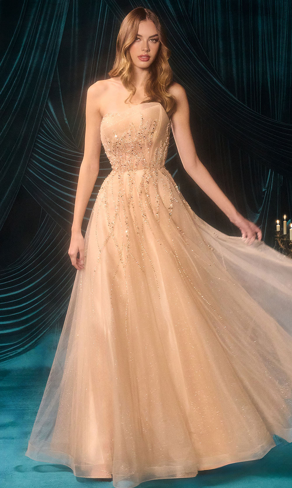 Andrea and Leo A1491 - Asymmetric Bead Embellished Long Gown Prom Dresses in Champagne
