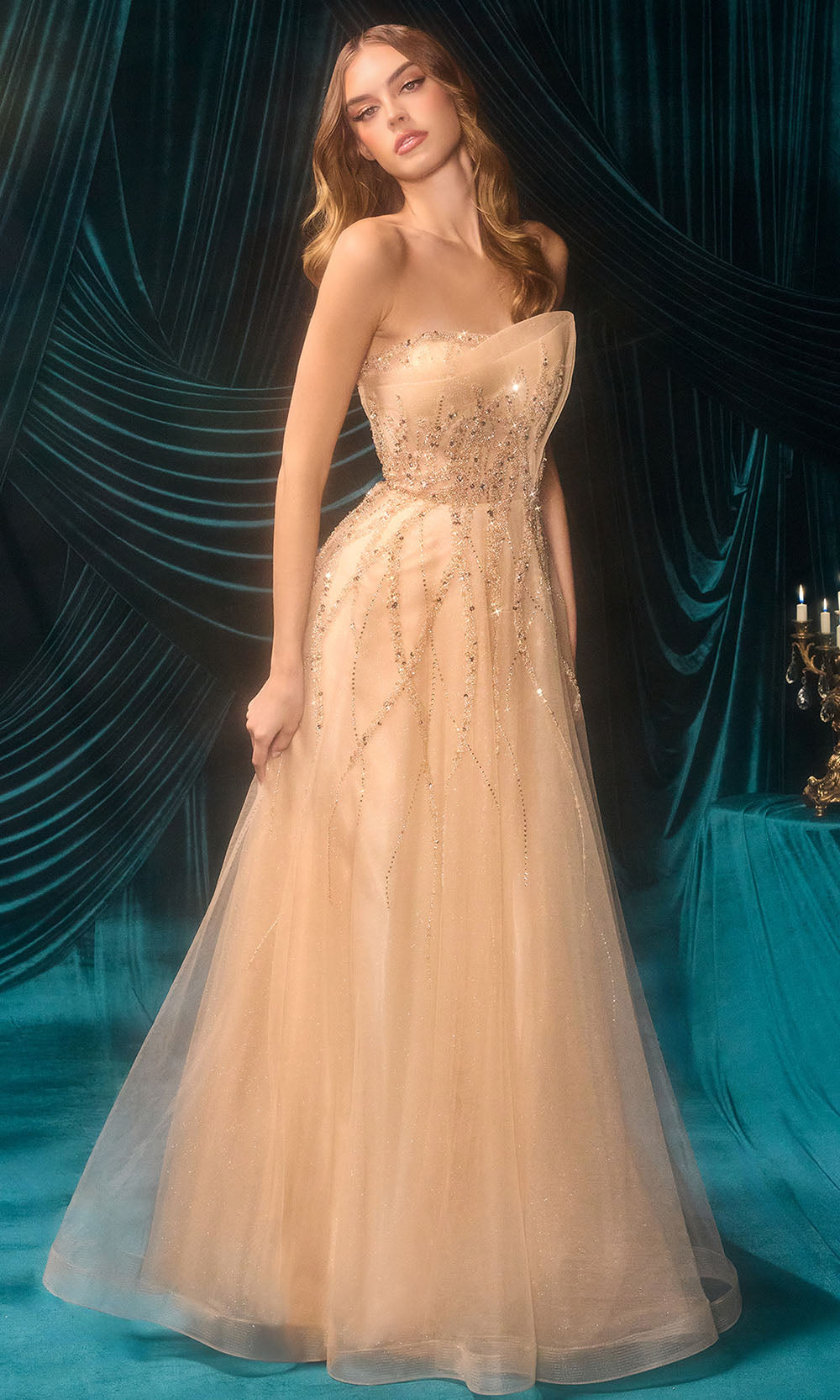 Andrea and Leo A1491 - Asymmetric Bead Embellished Long Gown Prom Dresses in Champagne