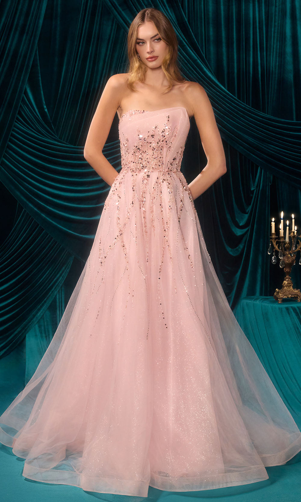 Andrea and Leo A1491 - Asymmetric Bead Embellished Long Gown Prom Dresses in Pink