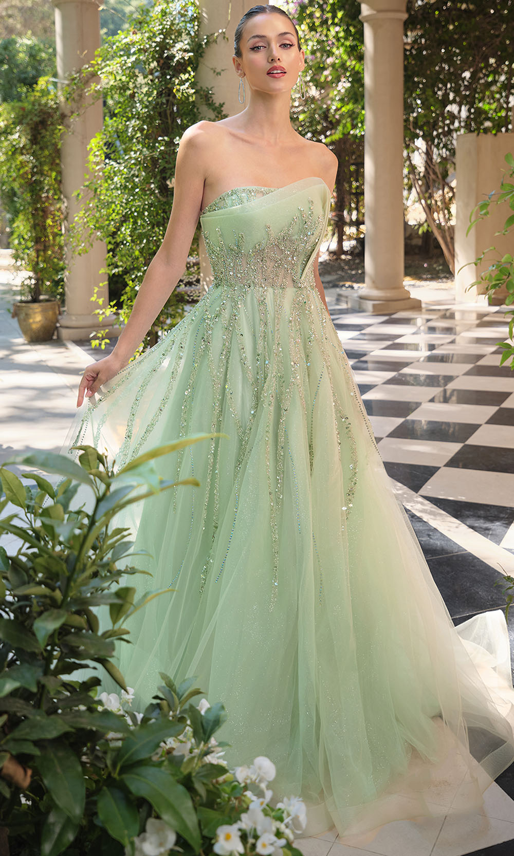 Andrea and Leo A1491 - Asymmetric Bead Embellished Long Gown Prom Dresses in Sage