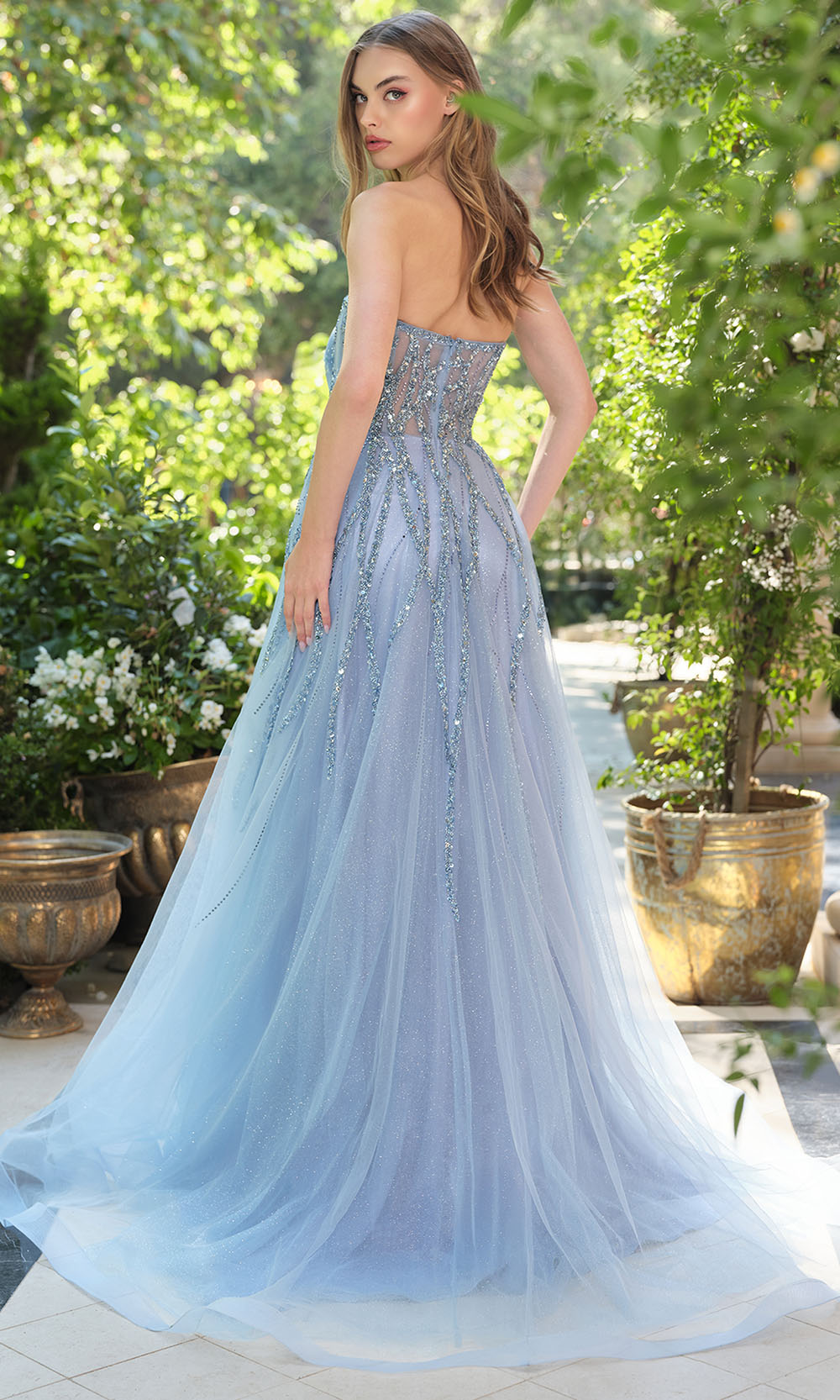Andrea and Leo A1491 - Asymmetric Bead Embellished Long Gown Prom Dresses in Blue