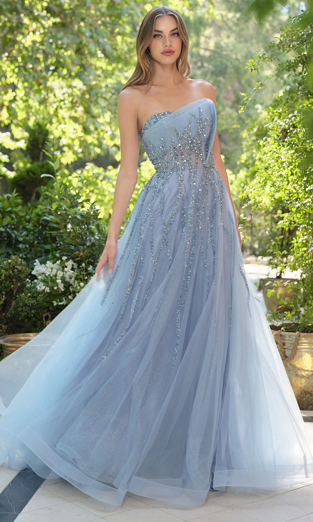Andrea and Leo A1491 - Asymmetric Bead Embellished Long Gown Prom Dresses in Blue