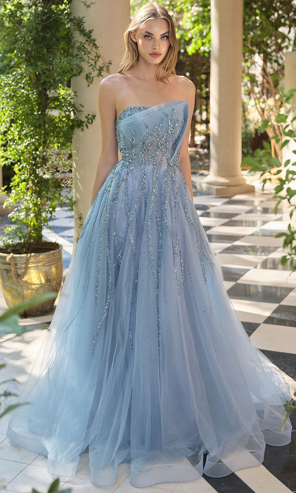 Andrea and Leo A1491 - Asymmetric Bead Embellished Long Gown Prom Dresses in Blue