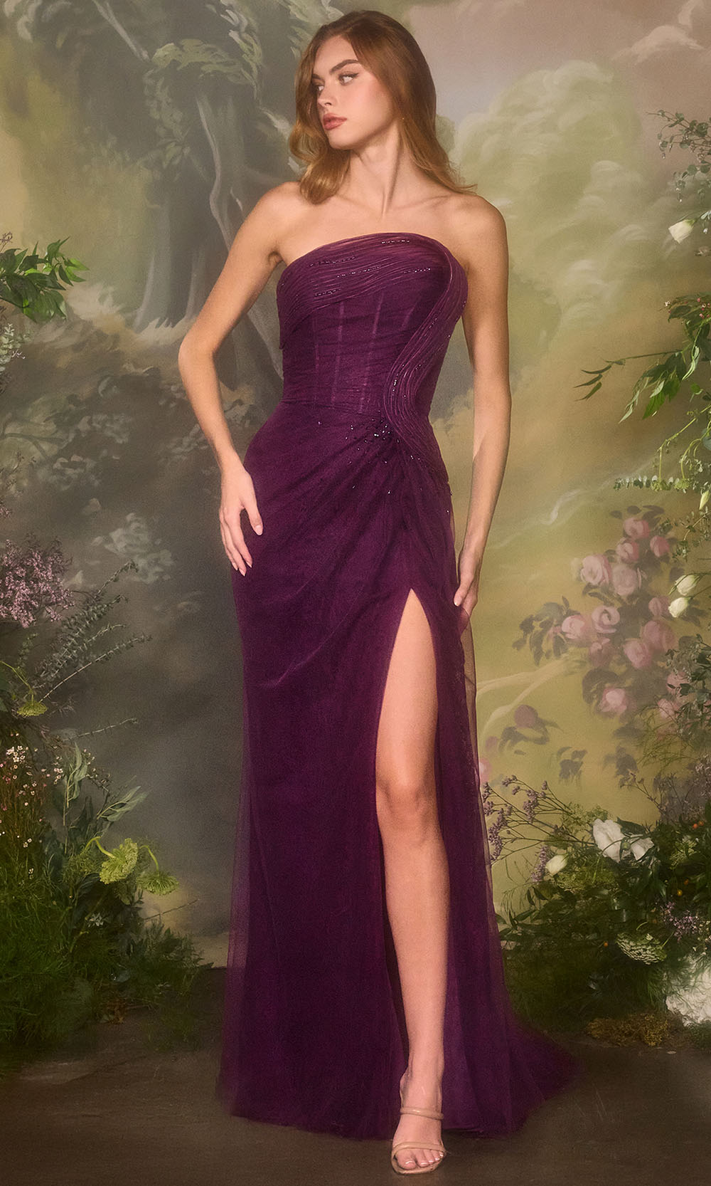 Andrea and Leo A1497 - Asymmetric Neck Lace Fitted Gown Prom Dresses in Eggplant