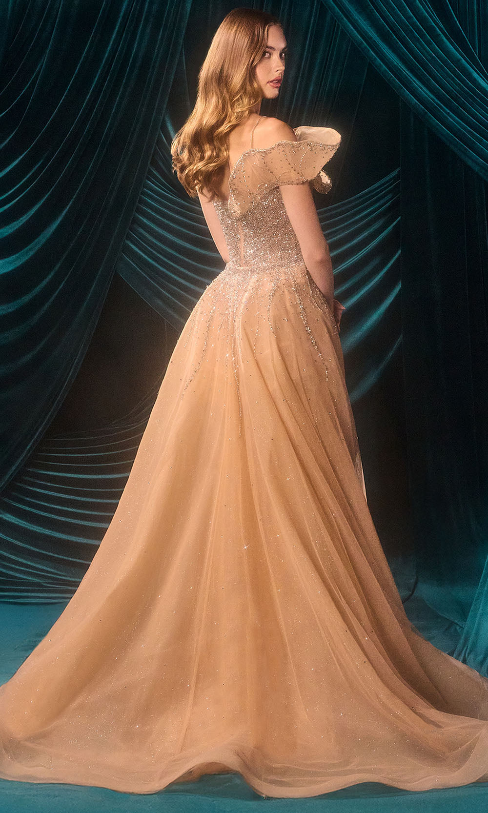 Andrea and Leo A1505 - Spaghetti Strap Beaded Overskirt Gown Prom Dresses in Silver Nude