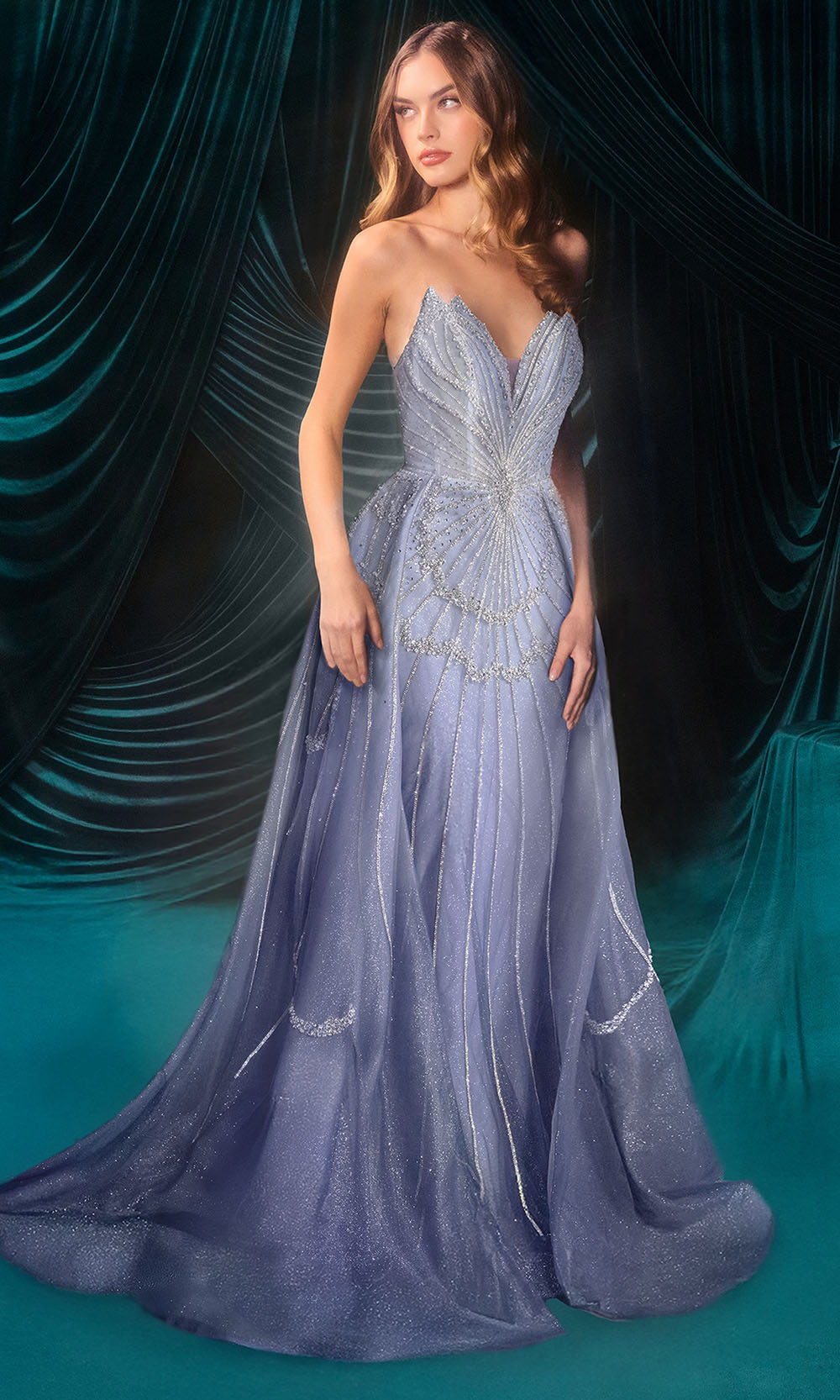 Andrea and Leo A1508 - Strapless Beaded Ornate Gown with Overskirt Prom Dresses in Blue
