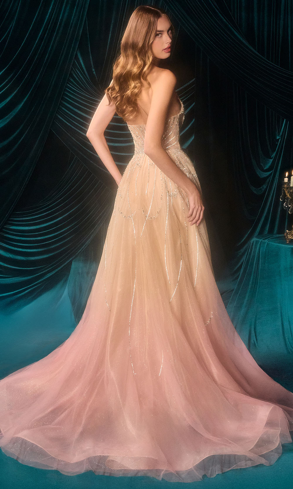 Andrea and Leo A1508 - Strapless Beaded Ornate Gown with Overskirt Prom Dresses in Champagne