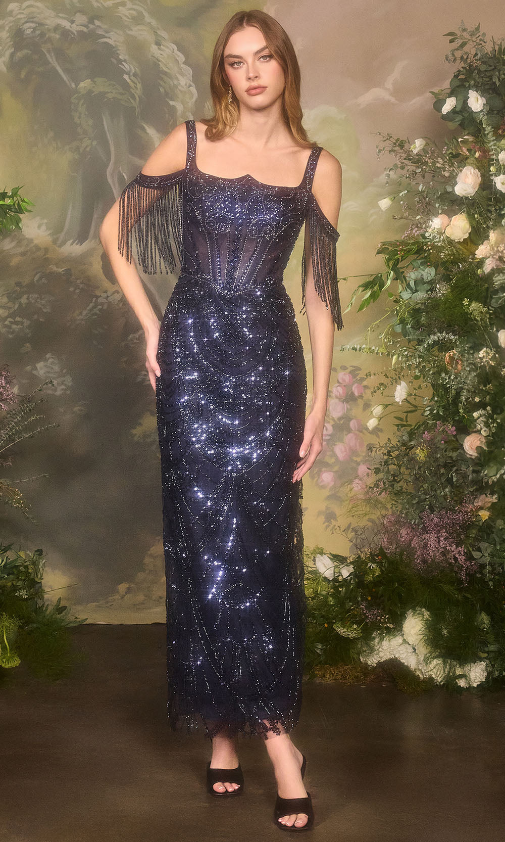Andrea and Leo A1511 - Modified Scoop Neck Midi Sparkle Dress Prom Dresses in Navy