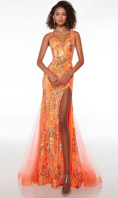 Alyce Paris 61549 - V-Neck High Slit Evening Dress Evening Dresses 000 / Atomic Orange