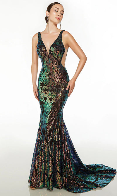 Alyce Paris 61596 - Sequin Embellished V-Shaped Back Prom Gown Evening Dresses 000 / Dragon Scale