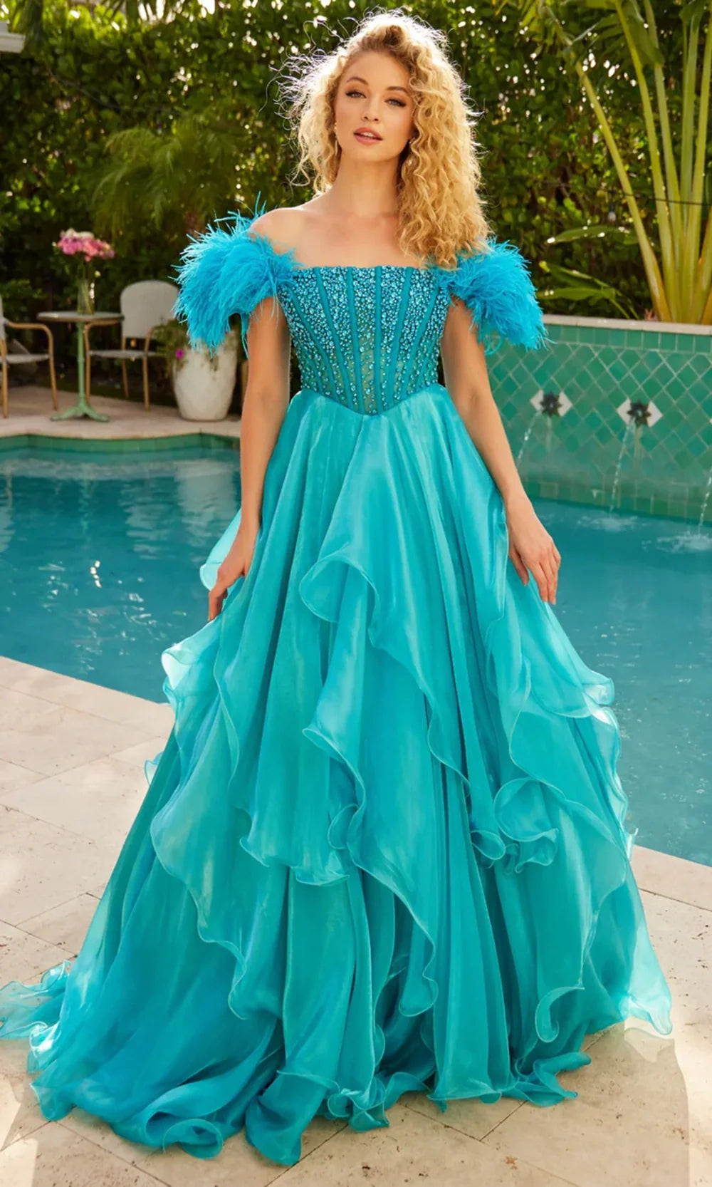 Ava Presley 39553 - Feather Sleeve Ruffle Organza Ballgown Prom Dresses