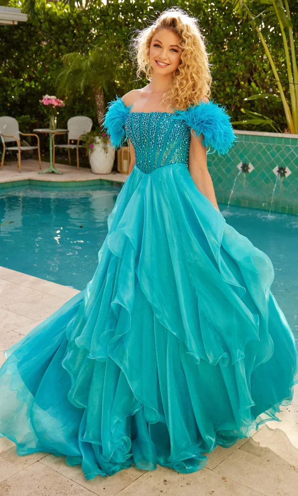 Ava Presley 39553 - Long Organza Ballgown Dress - Feather Sleeves, Beaded Corset Bodice, Tiered Ruffle Skirt, Sweep Train, Mid-Open Back 2 / Off White Ava Presley 39553 - Long Organza Ballgown Dress - Feather Sleeves, Beaded Corset Bodice, Tiered Ruffle Skirt, Sweep Train, Mid-Open Back 2 / Off White