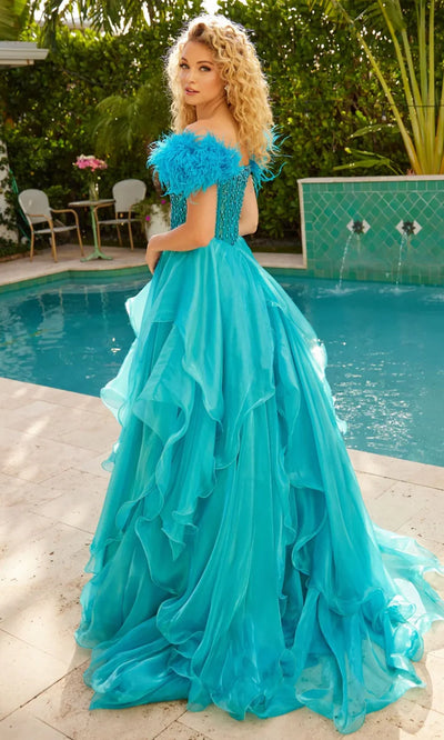 Ava Presley 39553 - Feather Sleeve Ruffle Organza Ballgown Prom Dresses