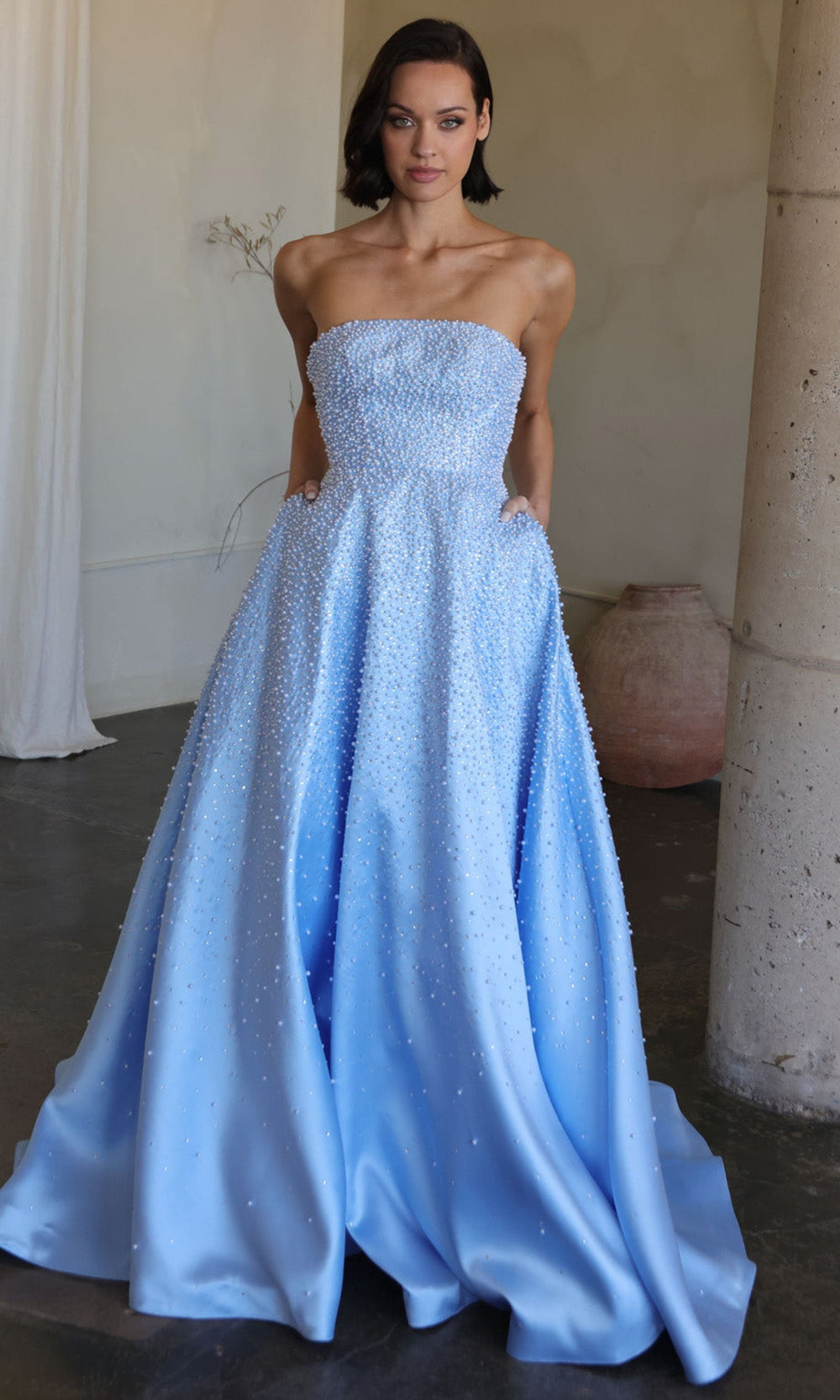 Ava Presley 42500 - Strapless Satin Pearl Embellished Gown Evening Dresses in Blue  