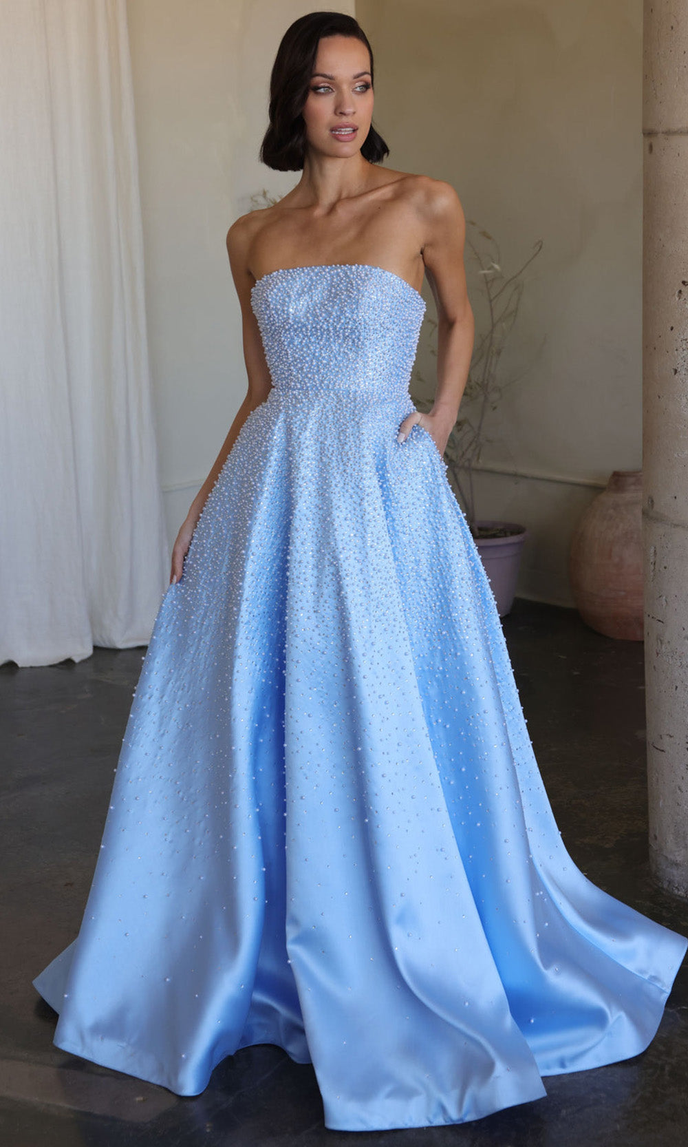 Ava Presley 42500 - Strapless Satin Pearl Embellished Gown Evening Dresses in Blue  