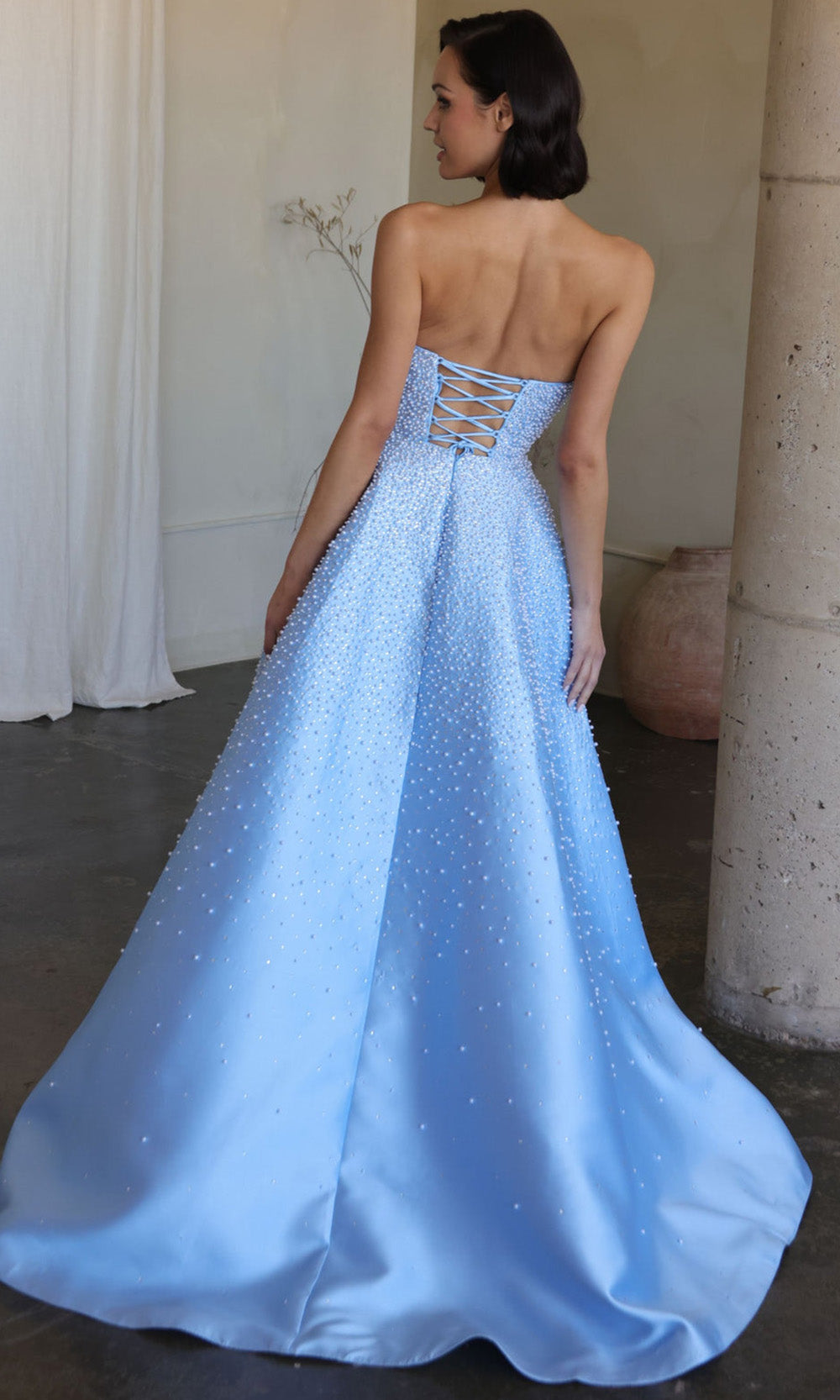 Ava Presley 42500 - Strapless Satin Pearl Embellished Gown Evening Dresses in Blue  