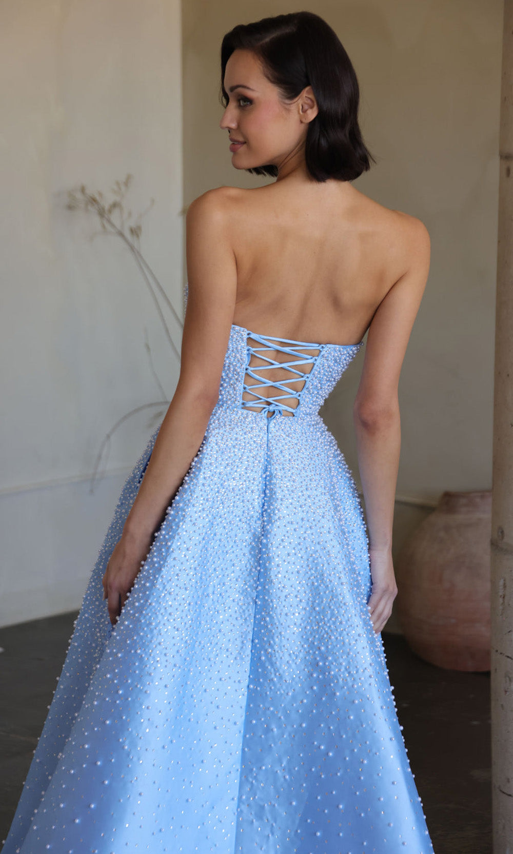 Ava Presley 42500 - Strapless Satin Pearl Embellished Gown Evening Dresses in Blue  