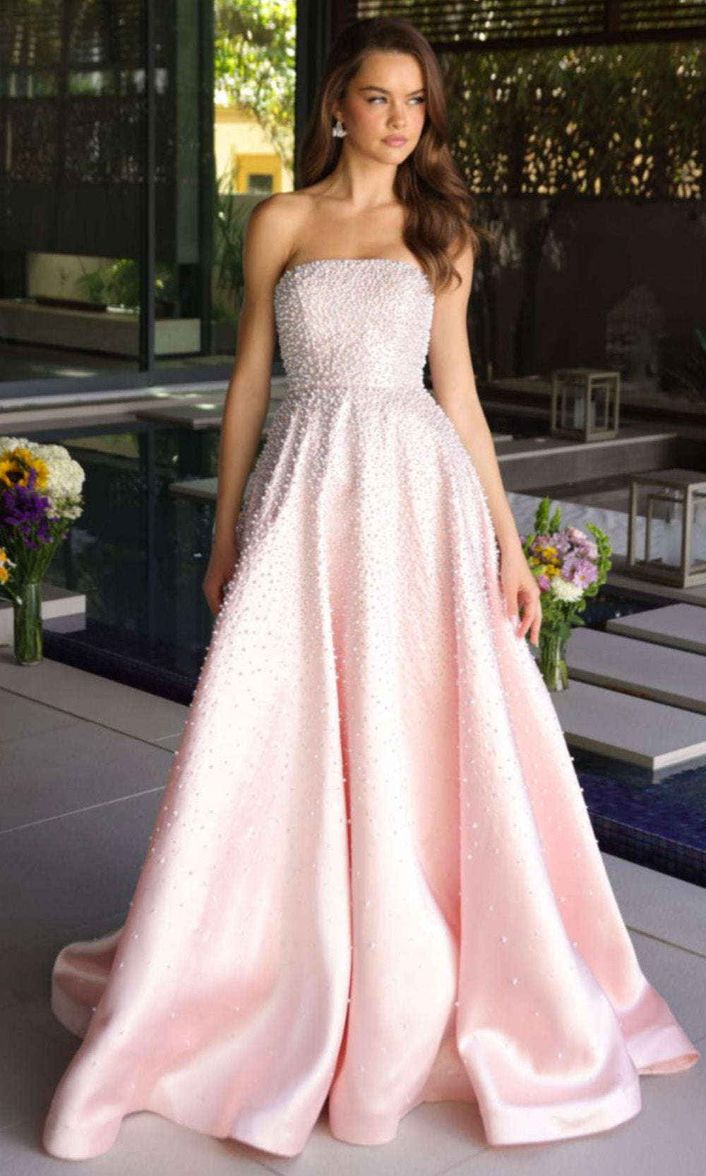 Ava Presley 42500 - Strapless Satin Pearl Embellished Gown Evening Dresses in Pink  