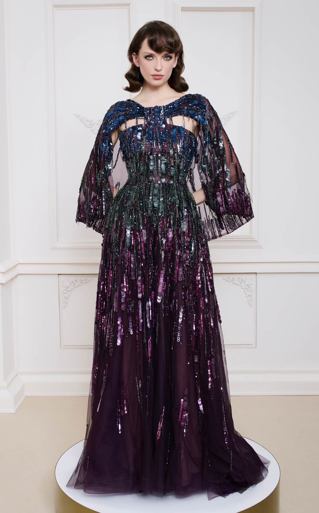 MNM COUTURE B1146 - Embellished Cape Overlay A-Line Evening Gown