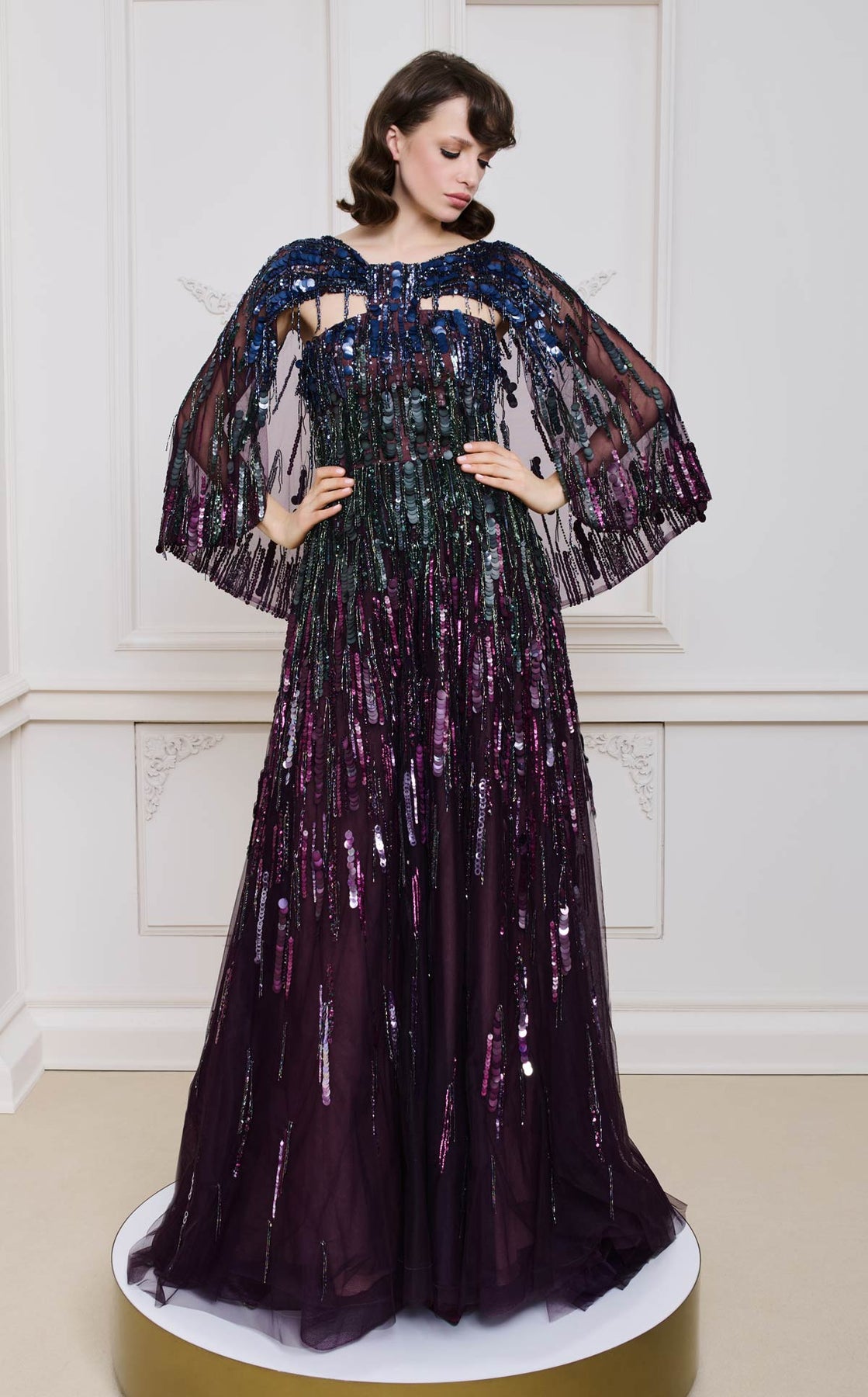 MNM COUTURE B1146 - Embellished Cape Overlay A-Line Evening Gown