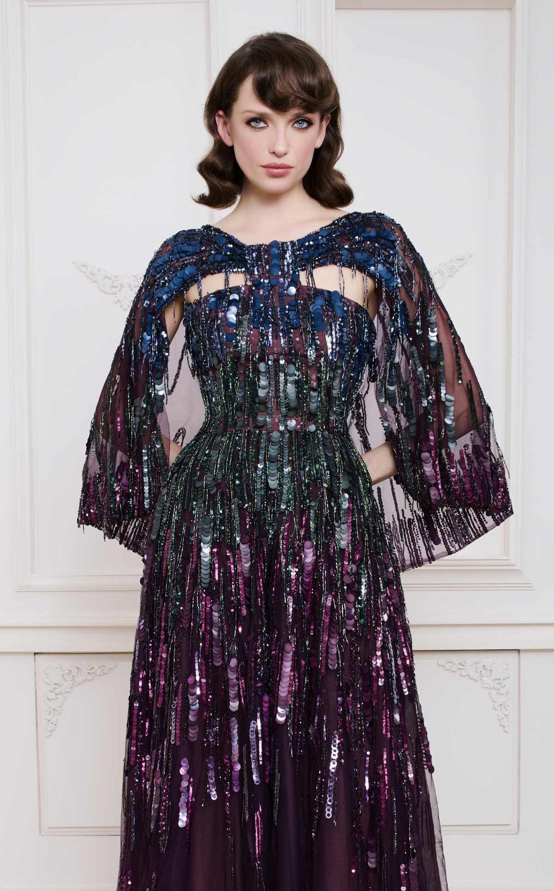 MNM COUTURE B1146 - Embellished Cape Overlay A-Line Evening Gown