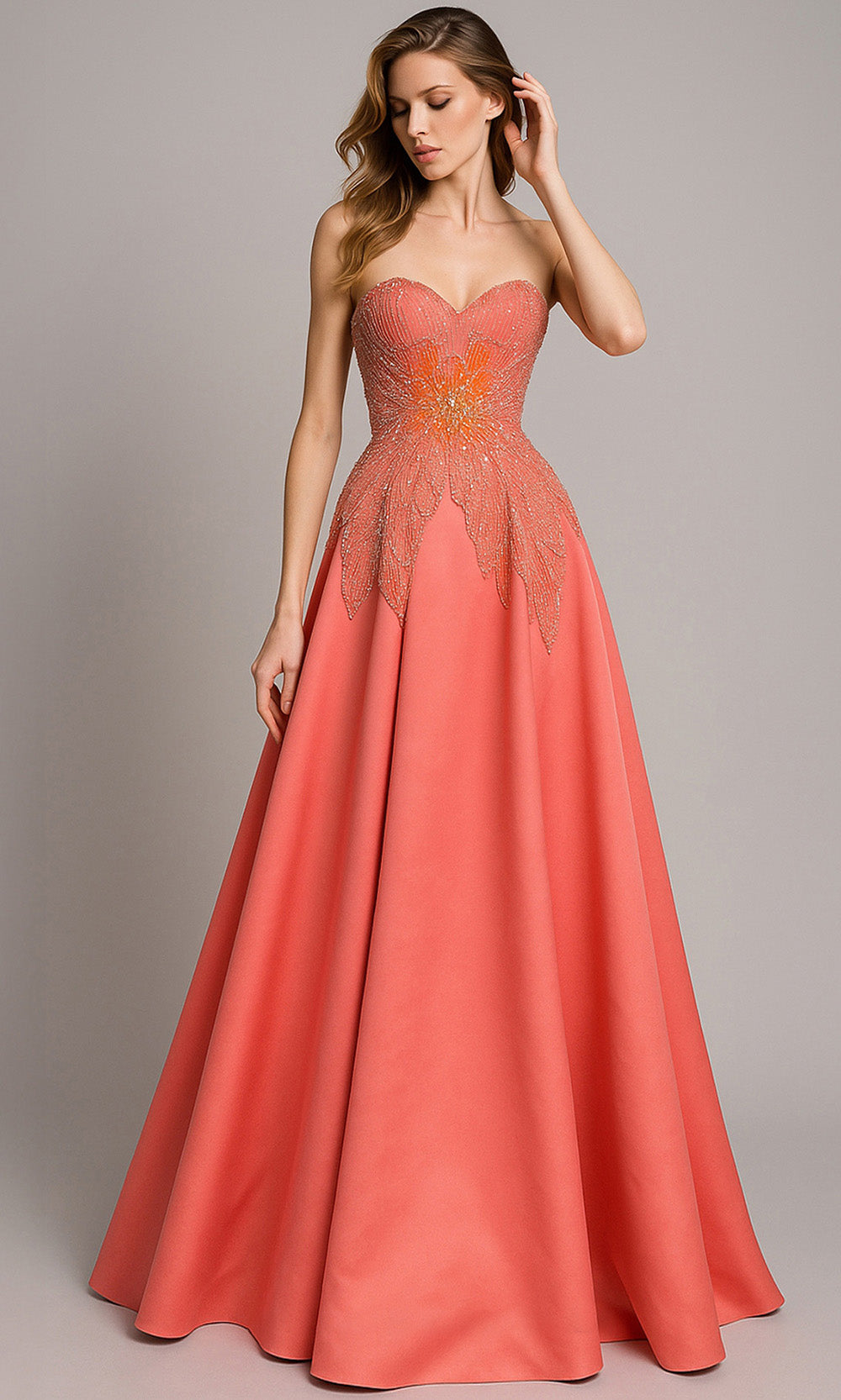 MNM COUTURE B1167 - Strapless Sweetheart Beaded Ornate Gown Prom Dresses Coral