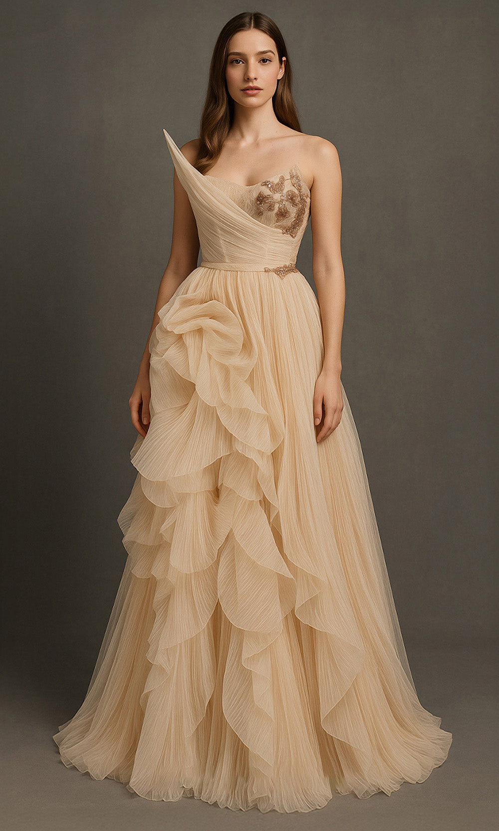 MNM COUTURE B1168 - Beaded Applique Pleated A-Line Evening Gown Prom Dresses In Beige