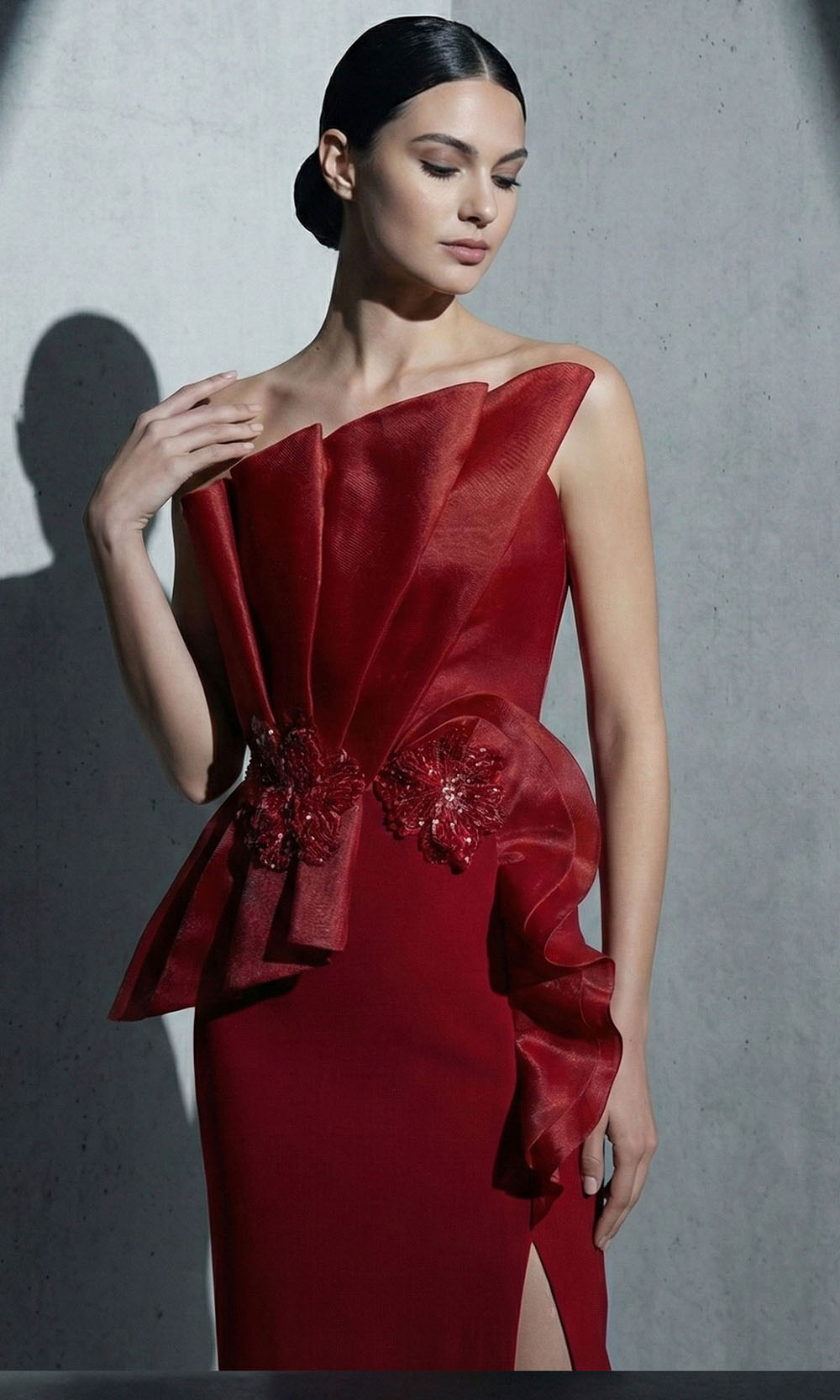 MNM COUTURE B1188 - Floral Accent Asymmetric Ruffle Evening Gown Mother of the Bride Dresses in Burgundy