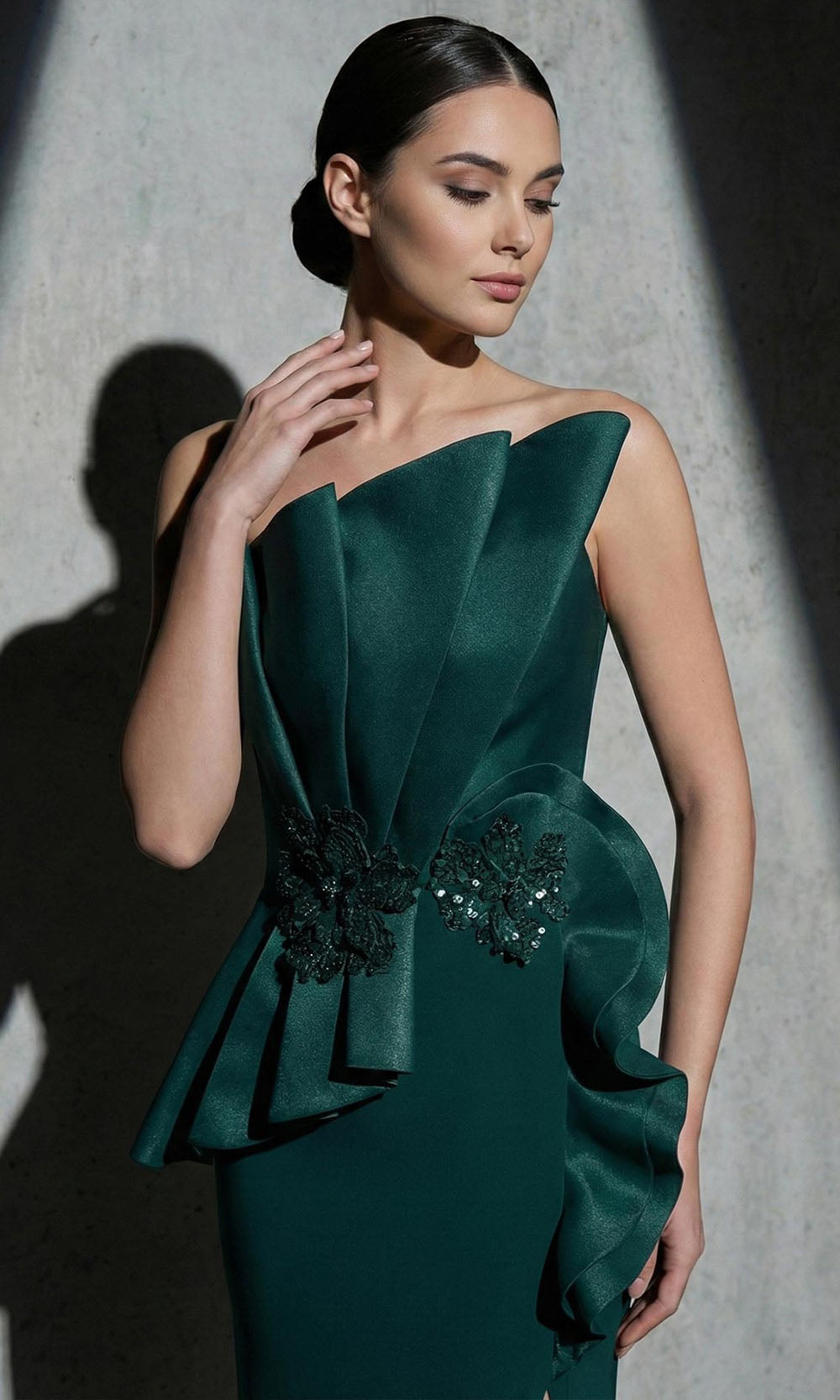 MNM COUTURE B1188 - Floral Accent Asymmetric Ruffle Evening Gown Mother of the Bride Dresses in Green