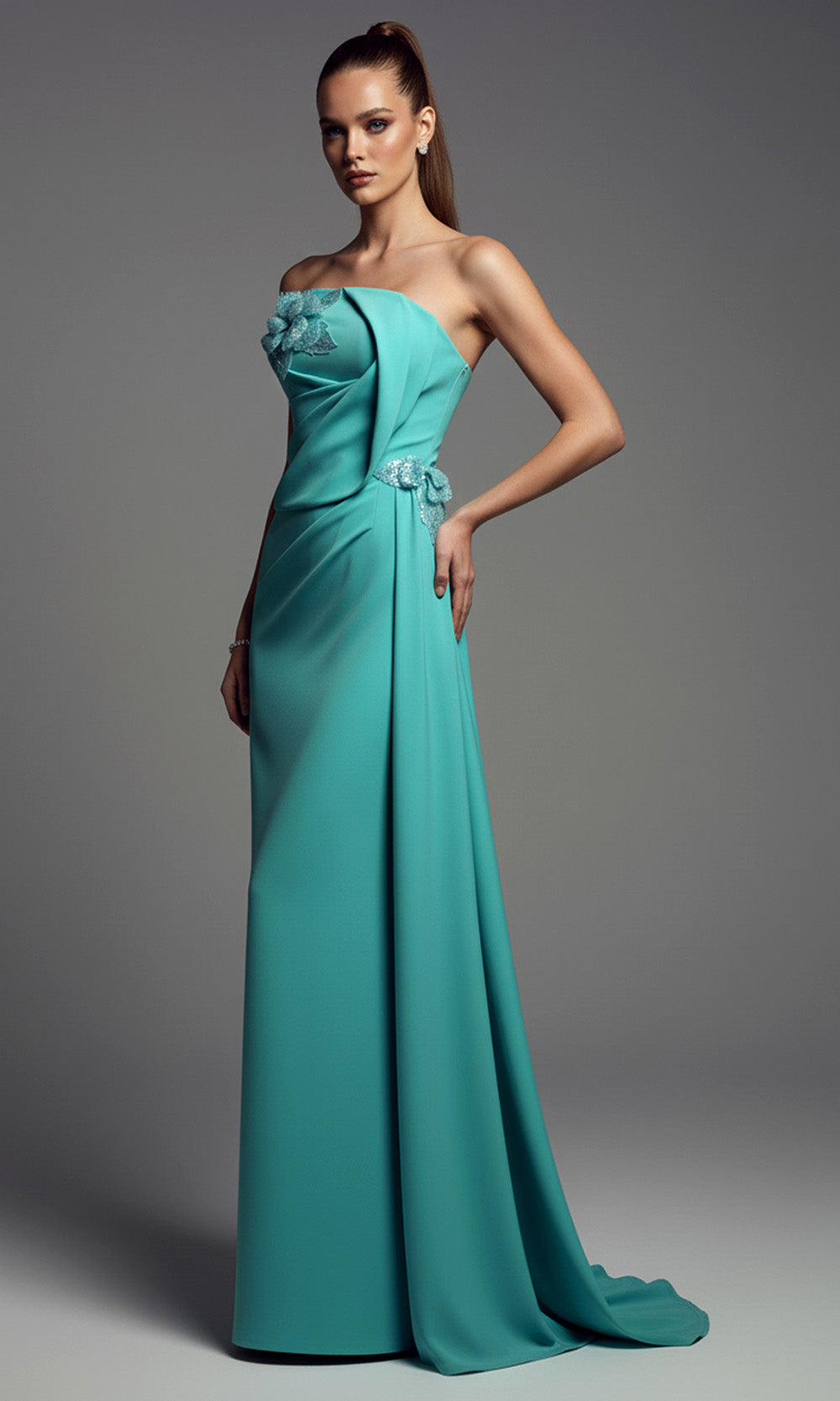 MNM COUTURE B1189 - 3D Floral Strapless Crepe Gown Prom Dresses in Green 