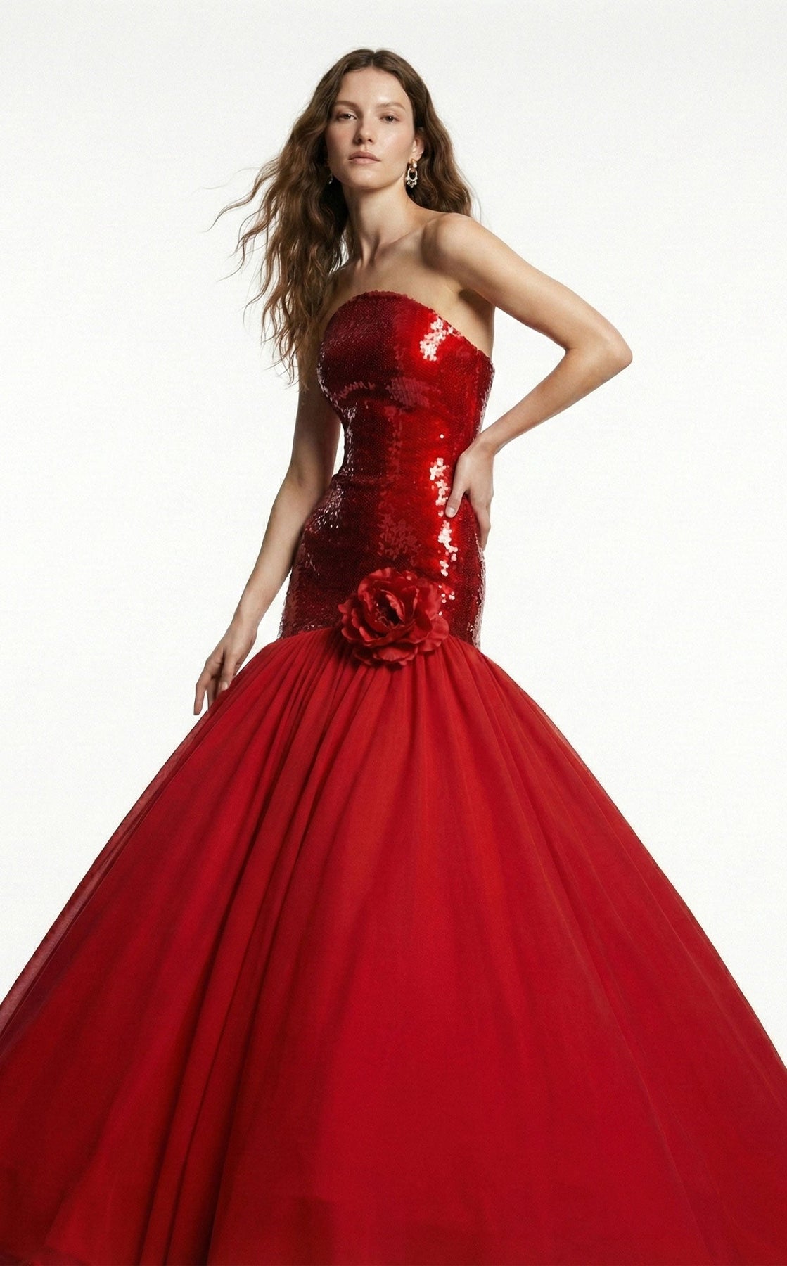 MNM COUTURE B1216A - Floral Accent Straight Neck Flared Evening Gown
