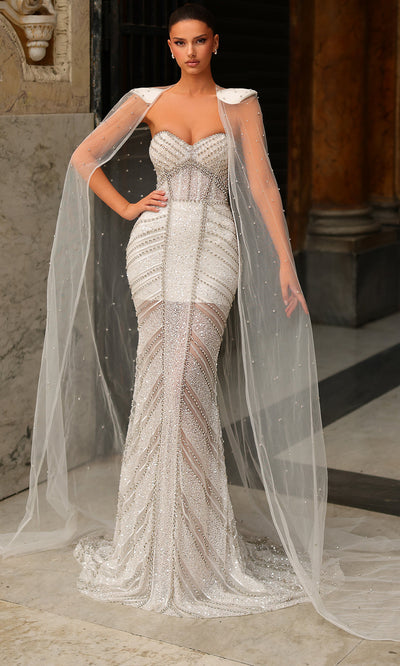 Chic and Holland BR550021 - Sweetheart Fitted Dress with Sheer Cape Bridal Dresses