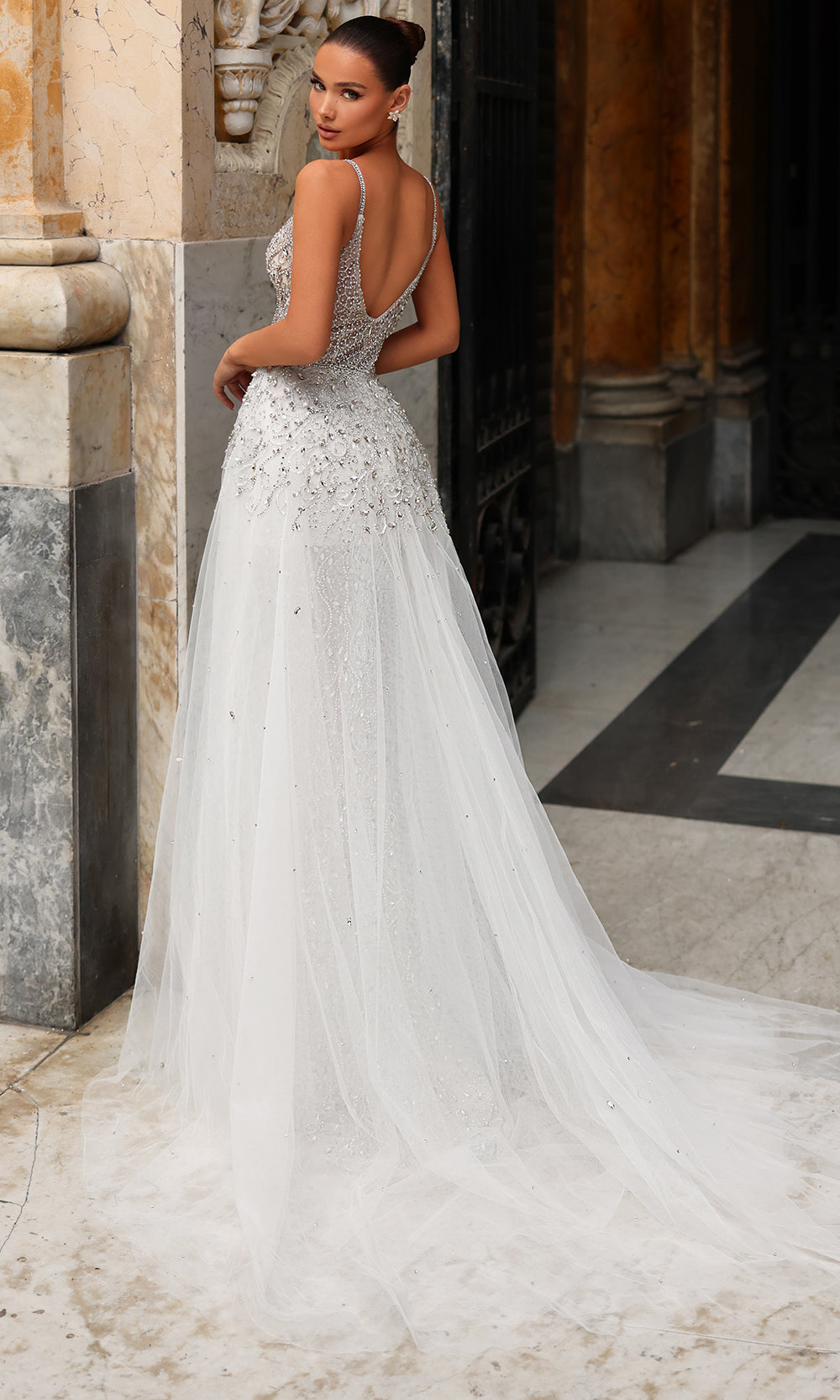 Chic and Holland BR550022 - V-Back Beaded Overskirt Evening Dress Bridal Dresses