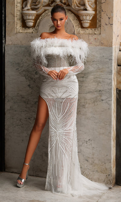 Chic and Holland BR550025 - Long Sleeve Feather Neckline Dress Formal Gowns