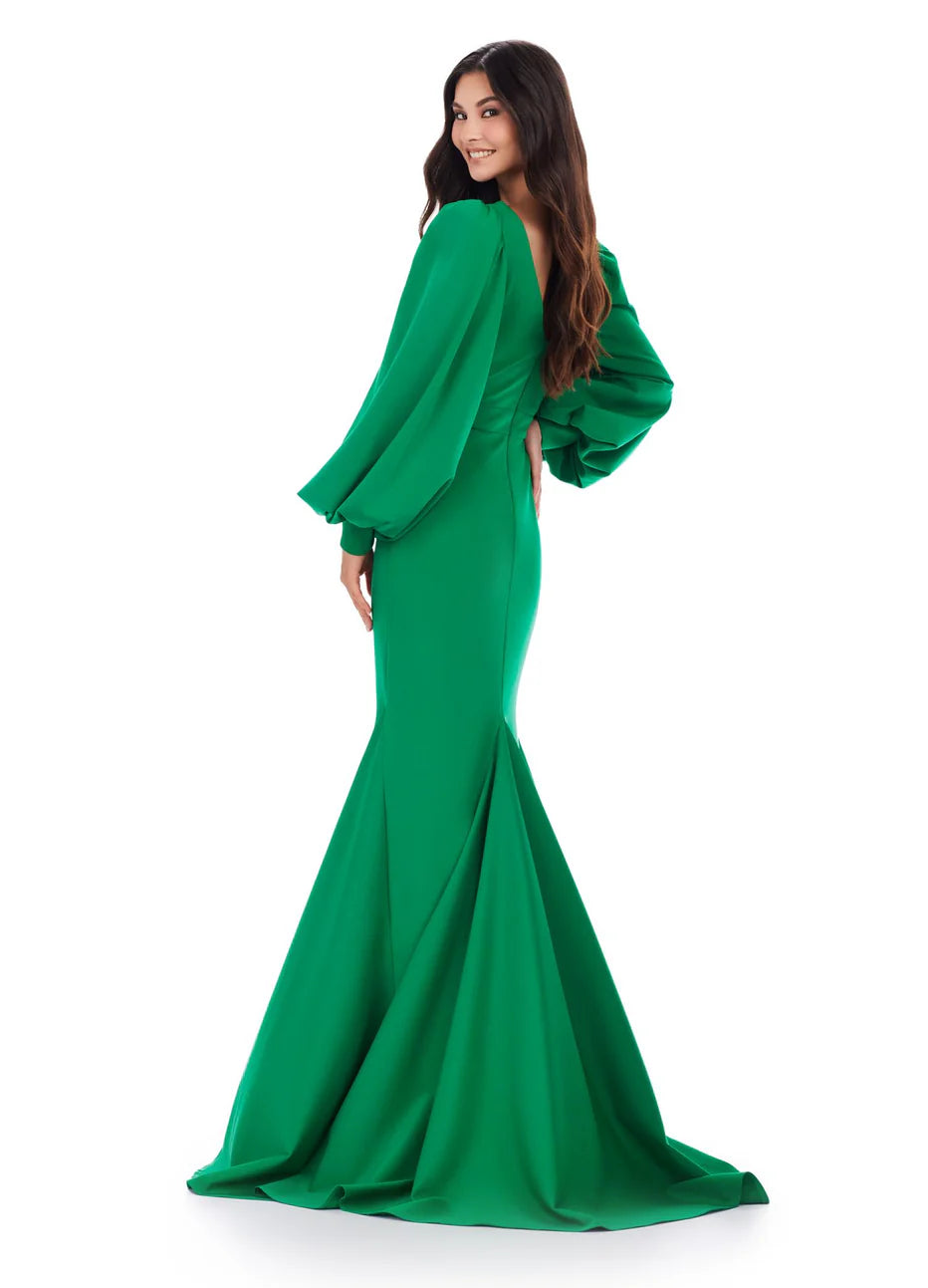 Ashley Lauren 11345 - Long Mermaid Dress - Bishop Sleeves, Seams, Wrapped Up- Bodice, V-Shape Back, Back Zipper Closure, Train, Godet 6 / Red