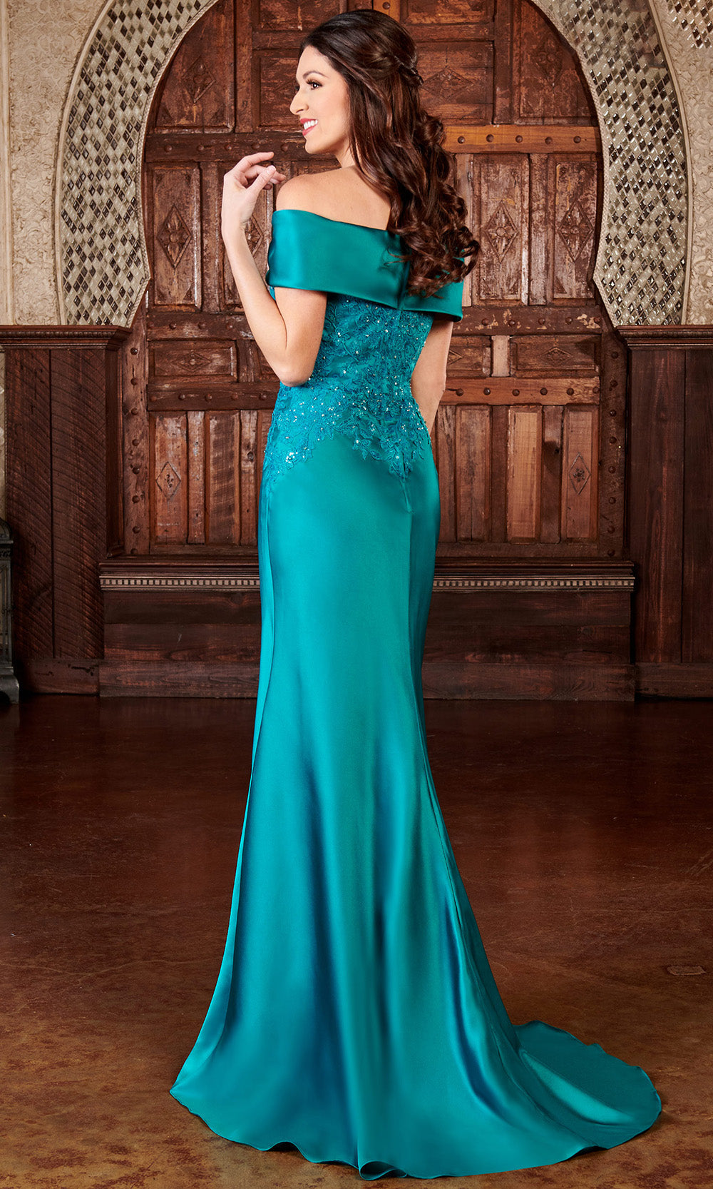 Rachel Allan RB8123 - Off Shoulder Appliqued Satin Gown Mother of the Bride Dresses