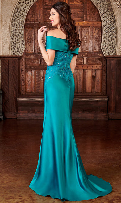 Rachel Allan RB8123 - Off Shoulder Appliqued Satin Gown Mother of the Bride Dresses